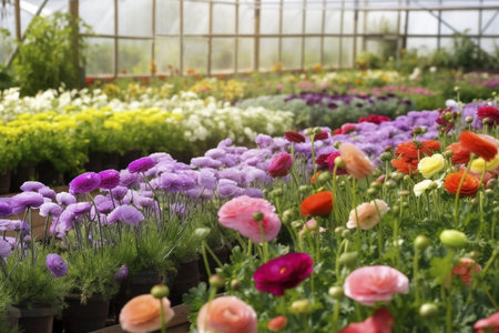 Colorful ranunculus in greenhouse. Generative ai imageの素材