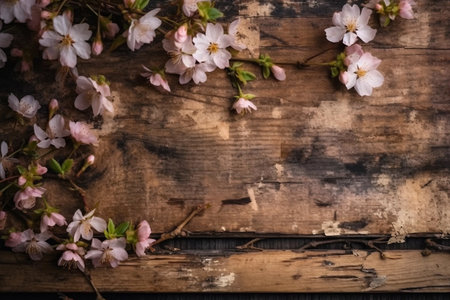 Pink sakura blossom on old wooden weathered background. Generative ai imageの素材
