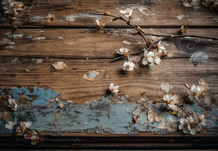 White sakura blossom on old wooden weathered background. Generative ai imageの素材