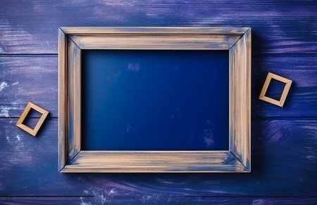 Empty blue frame on old wooden weathered background. Generative ai imageの素材