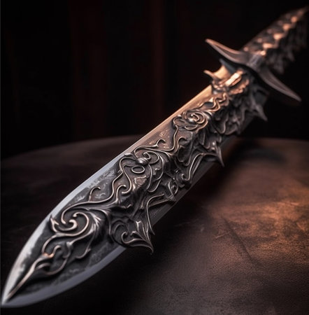 Magical steel short sword on leather table. Generative AIの素材