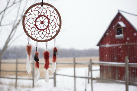 Retro dream catchers hanging in snow, red barn on background. Generative AIの素材