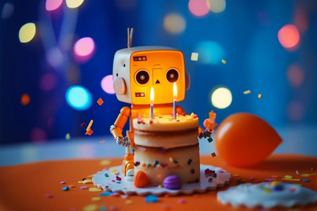 Small cute retro robot with cake and lit candles. Generative AIの素材