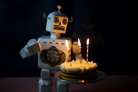 Small cute retro robot with cake and lit candles. Generative AIの素材