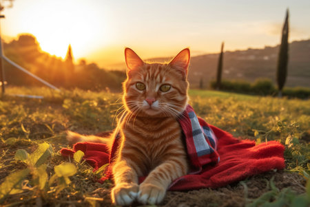 Ginger cute cat laying on picnic plaid in sunset on background. Generative AIの素材