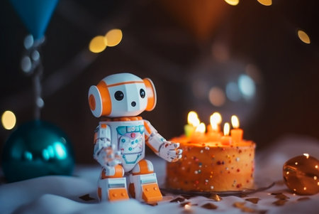Small cute retro robot with orange cake and lit candles. Generative AIの素材