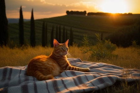 Ginger cute cat laying on picnic plaid in sunset on background. Generative AIの素材