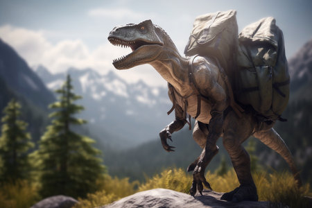 Allosaurus standing with backpack in mountains. Healthy active lifestyle. Mountain rock landscape. Generative AIの素材