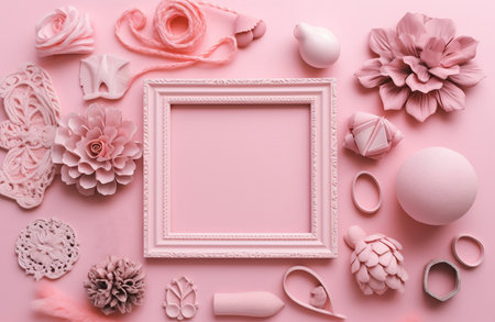 Pink empty frame with decoration and flowers on pink background. Generative ai imageの素材