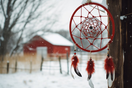 Retro dream catchers hanging in snow, red barn on background. Generative AIの素材
