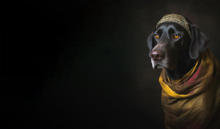 Black labrador in head scarf, portrait in Rembrand style. banner with copy space. Generative AIの素材