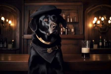 Black labrador in cowboy hat in traditional pub with beer. Generative AIの素材