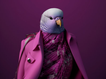 Purple model budgie in magenta scarf and fashion costume. Generative AIの素材