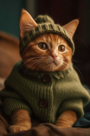 Ginger cute kitten in chunky knit green sweater and hat. Generative AIの素材