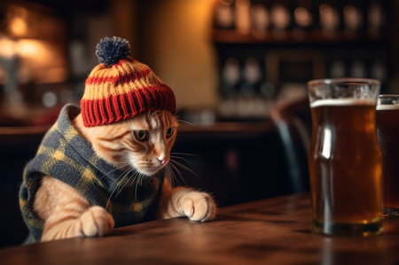 Ginger cute kitten in chunky knit hat in pub drinking beer. Generative AIの素材
