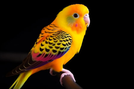 Colorful budgie bird on black background. Generative ai imageの素材