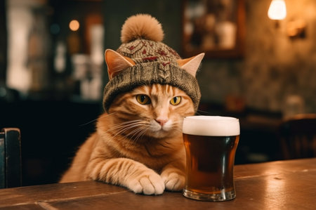 Ginger cute kitten in chunky knit hat in pub drinking beer. Generative AIの素材