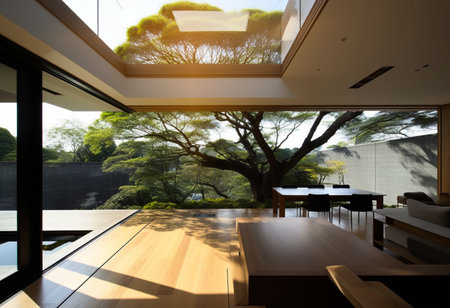 Stylish interior with green tree inside, open space. Minimal interior design. Generative AIの素材