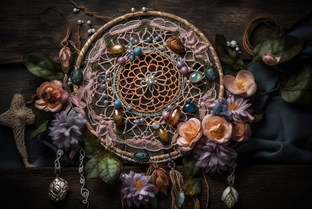 Boho dream catchers with flowers and gems, on textile background. Generative AIの素材