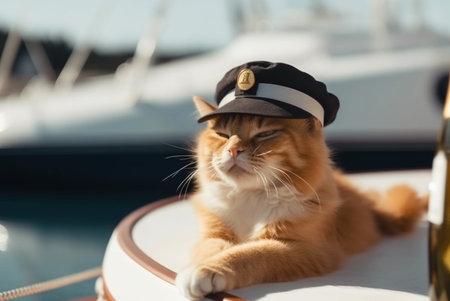 Ginger cute kitten in capitan hat sitting on a yacht with bottle of wine. Generative AIの素材