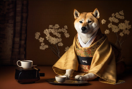 Shiba Inu dog in traditional japanese clothing, portrait in cinematic style. Generative AIの素材