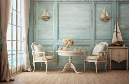 Vintage beach house wooden blue interior, copy space for text. Generative AIの素材