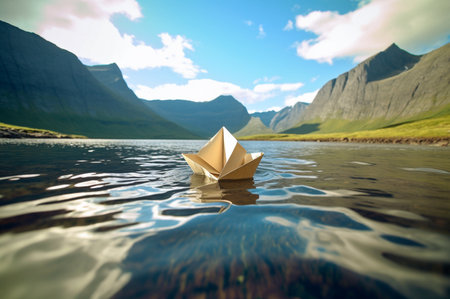 Paper boat sailing along the fjord among mountains.  Generative AIの素材