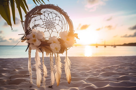 Boho dream catchers hanging on beach at sunset, ocean on background. Generative AIの素材