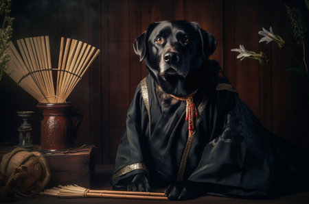 Black labrador dog in traditional japanese clothing, portrait in cinematic style. Generative AIの素材