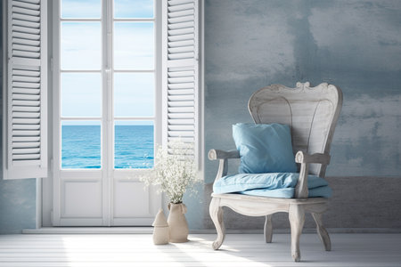 Vintage beach house wooden blue interior, copy space for text. Generative AIの素材