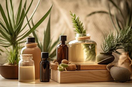 Spa set with essential oil bottles, wooden background  and plants. Generative AIの素材