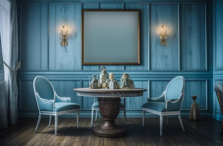 Vintage beach house wooden blue interior, copy space for text. Generative AIの素材