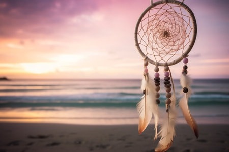Boho dream catchers hanging on beach at sunset, ocean on background. Generative AIの素材