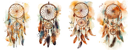 Watercolor dream catchers with flowers, on white background. Generative AIの素材