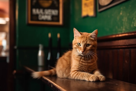 Ginger cute kitten in chunky knit hat in pub drinking beer. Generative AIの素材