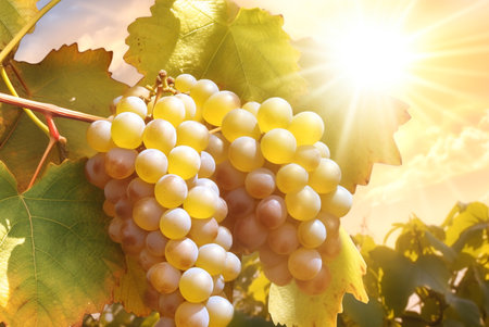 Grapes in sunset in vineyard. Generative AIの素材