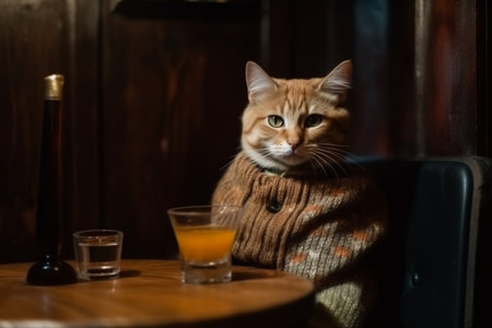 Ginger cute kitten in chunky knit hat in pub drinking beer. Generative AIの素材