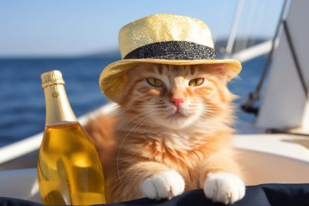 Ginger cute kitten sitting on yacht. Generative AIの素材