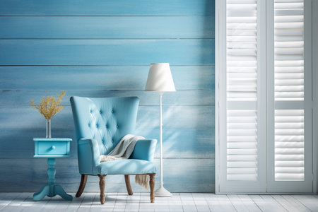 Vintage beach house wooden blue interior, copy space for text. Generative AIの素材