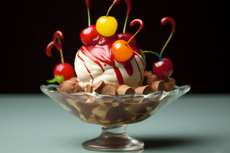 Vanilla Ice cream cherry caramel in glass vase, summer treat. Generative AIの素材