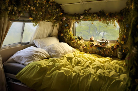 Bedroom inside camper van. Unmade bed, pillows, flowers and plants. Generative AIの素材