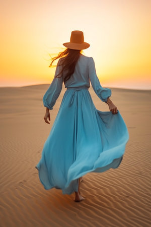 Young woman in turqoise dress running on sandy beach in sunset. Generative AIの素材