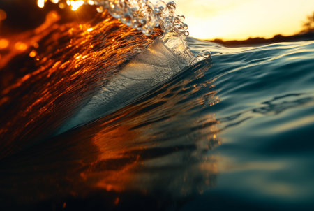 Closeup of beautiful orange blue ocean surfing wave in sunset. Generative AIの素材