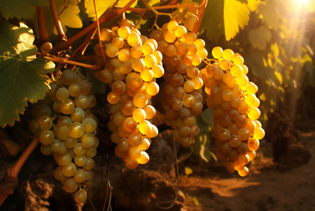 Grapes in sunset in vineyard. Generative AIの素材