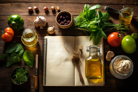 Set of vegetables and salad ingredients with empty cookbook. Copy space for text. Generative AIの素材