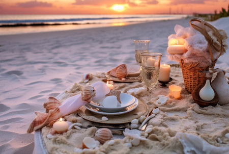 Wedding table decorated in nauitical style at ocean beach at sunset. generative AIの素材