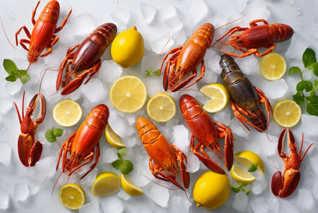 Fresh red lobster on a black background with herbs and lemon and ice. Generative AIの素材
