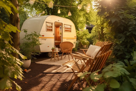 Vintage house trailer for family holidays decorated with garland of lamps in forest. Generative AIの素材