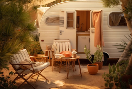 Vintage house trailer for family holidays decorated with garland of lamps in forest. Generative AIの素材