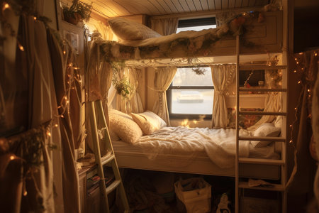 Bedroom inside camper van. Unmade bed, pillows, flowers and plants. Generative AIの素材